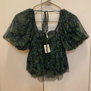 Free People Blouse, Boho, Dark Forest Green Pattern, XS